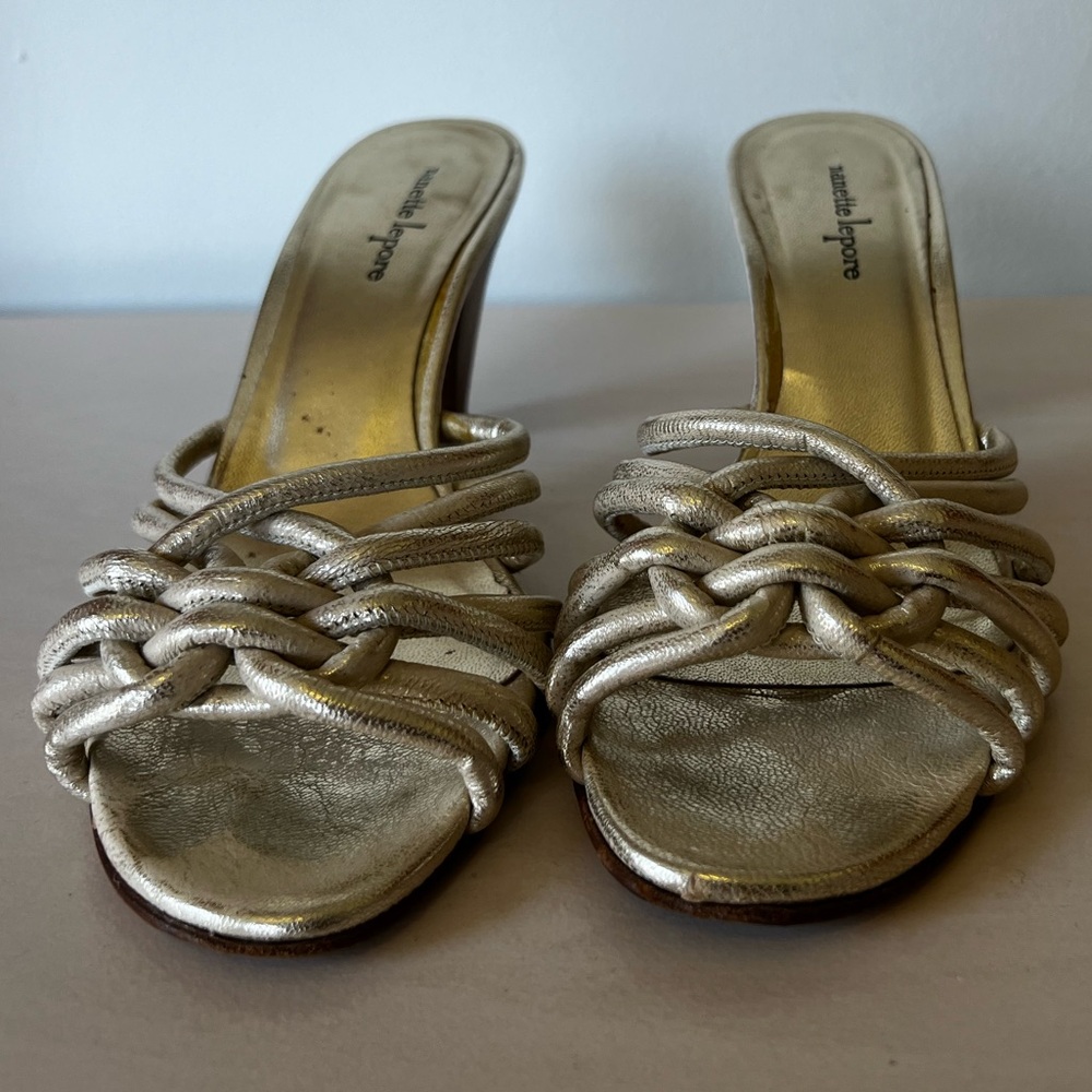 Nanette Lapore size 7.5 gold sandals with wedge heel